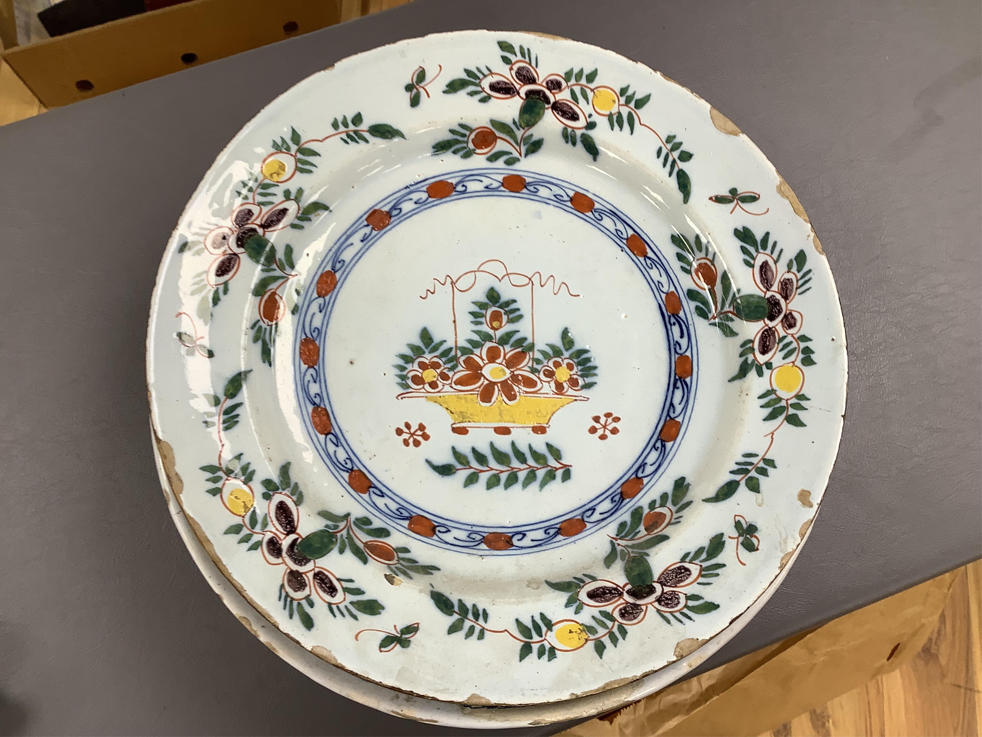 18th and 19th century faience including five chargers and large bowl, latter 30cm